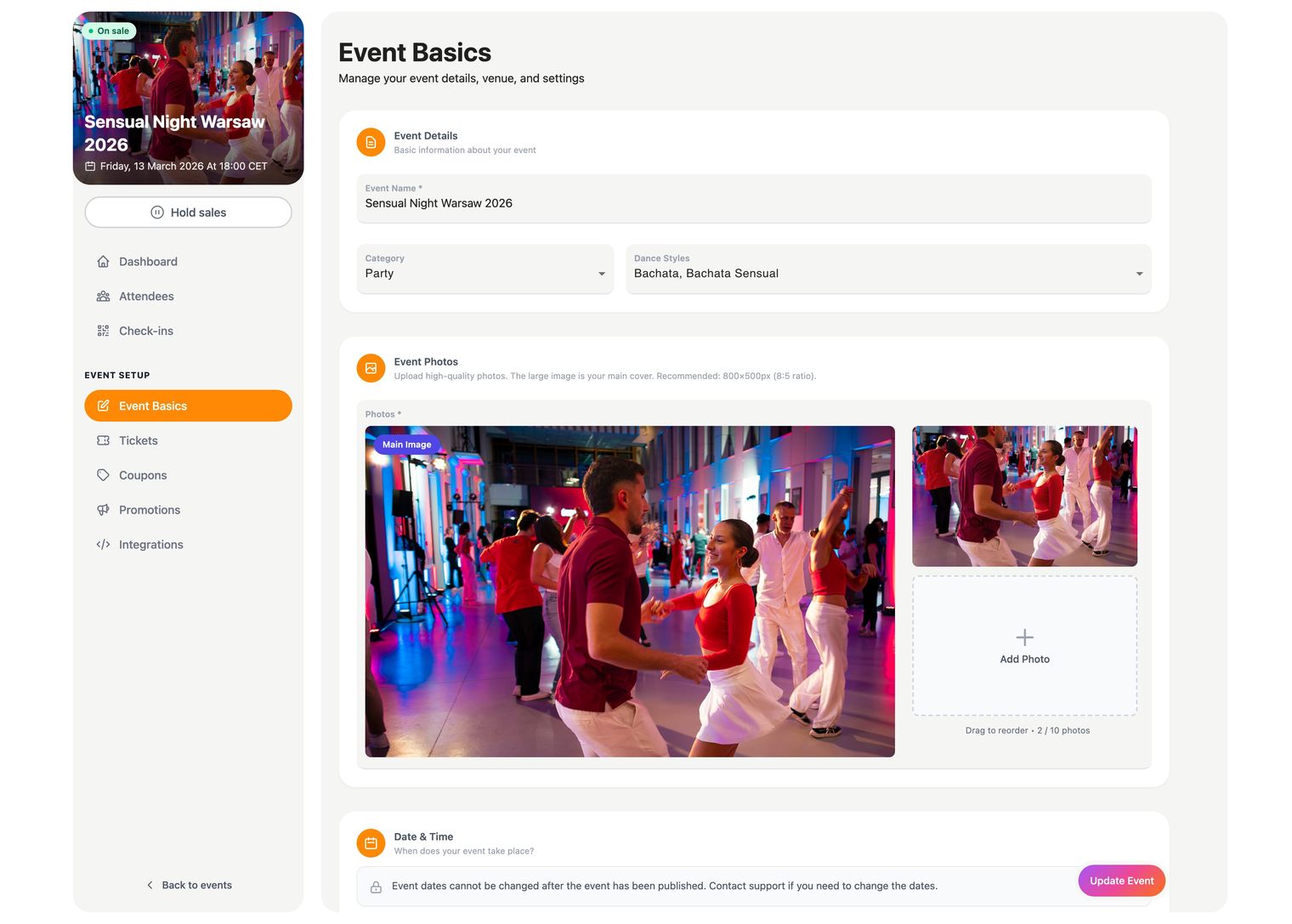 Event creation dashboard showing intuitive interface for setting up dance events