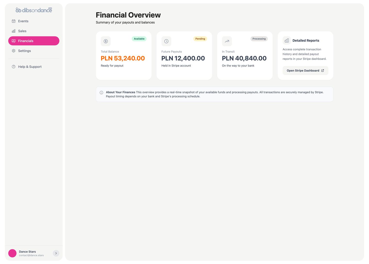 Financials view showing instant payouts and reporting